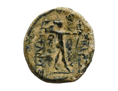 Seleukid Kings, Antiochos IV Epiphanes. 175-164 BC. bronze coin. Weight 5.01 grams, Length 18 mm. 