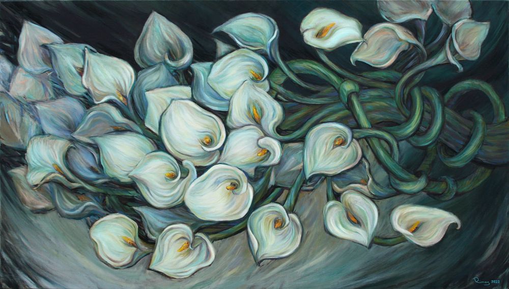Rima Azatyan (Armenian, b. 1982), "Calla Lilies", oil on canvas, signed l. r., 140 x 80 cm. 