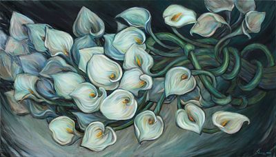 Rima Azatyan (Armenian, b. 1982), "Calla Lilies", oil on canvas, signed l. r., 140 x 80 