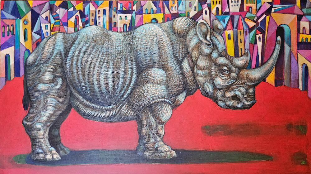 Levon Aslanyan(Armenian, b. 1964), "Rhino", oil on canvas, 70 x 125 cm.Prices are in Canadian 