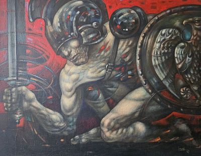 Levon Aslanyan(Armenian, b. 1964), "Warrior", oil on canvas, signed l. r., 80 x 100 cm.Prices 