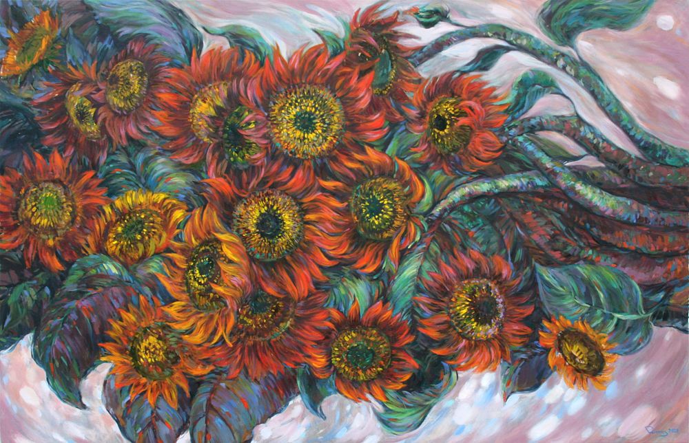 Rima Azatyan (Armenian, b. 1982), "Red Sunflowers", oil on canvas, signed l. r., 140 x 90 