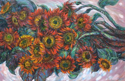 Rima Azatyan (Armenian, b. 1982), "Red Sunflowers", oil on canvas, signed l. r., 140 x 90 