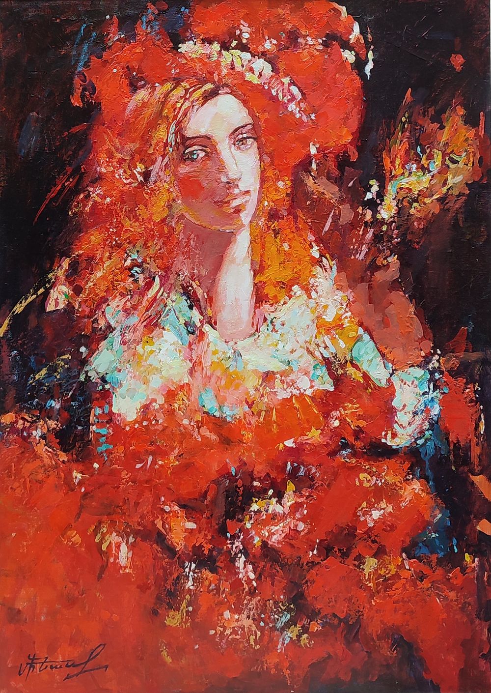 Minas Zakaryan(Armenian, b. 1955), "Girl in Red", oil on canvas, signed l. l., 70 x 50 cm. 