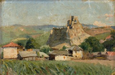 Boris Kustodiev (Russian, 1878 - 1927), "Suram Fortress", oil on canvas, 14 x 26 cm. The 