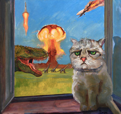 Илья Дроздов - Котик и COVID-19. Сиди дома! Спаси Россию! . 41Х49, 2021, оргалит масло. 