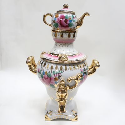 Фарфоровый декоративный самовар, Гжель. Фарфор, роспись, золото