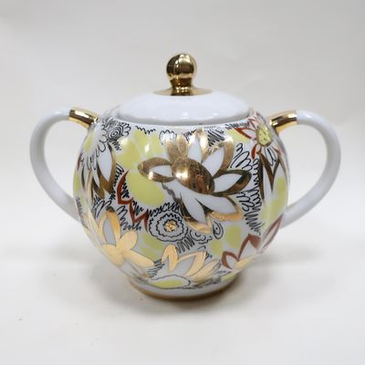 Фарфоровая сахарница ЛФЗ из чайного Сервиза "Золотые ромашки". Фарфоро, роспись, золочение