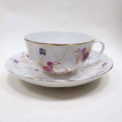 Фарфоровая чайная пара ЛФЗ из сервиза "Золотая сетка" розовые васильки №1. Фарфор, роспись 