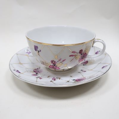 Фарфоровая чайная пара ЛФЗ из сервиза "Золотая сетка" розовые васильки №2. Фарфор, роспись 