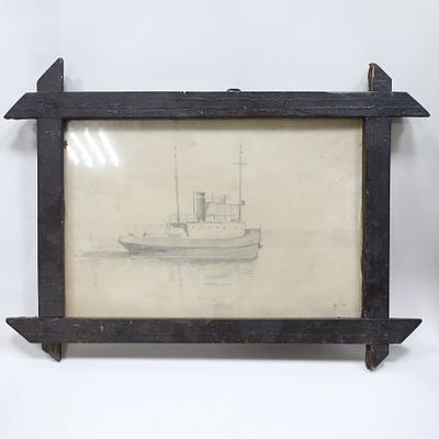 Винтажная картина графика кораблик, СССР в старой оригинальной раме