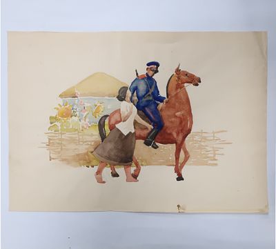 Картина "Прощание казака с казачкой". Худ. Сапач Н. Д. (без подписи) Бумага/ Акварель. . Сапач 