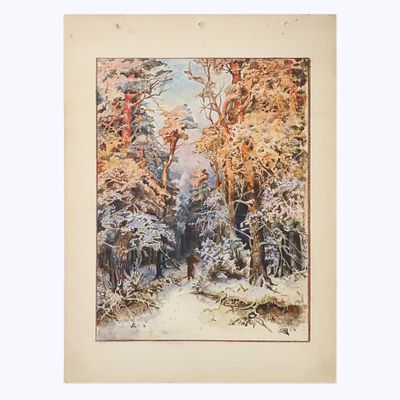 Картина "Зимний лес, за дровами", конец xIX начало XX века, Российская Империя. Бумага 