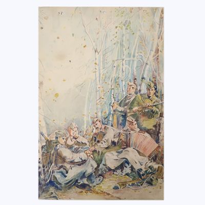 Картина "Бойцы на привале", СССР, Н.Х, бумага, акварель.