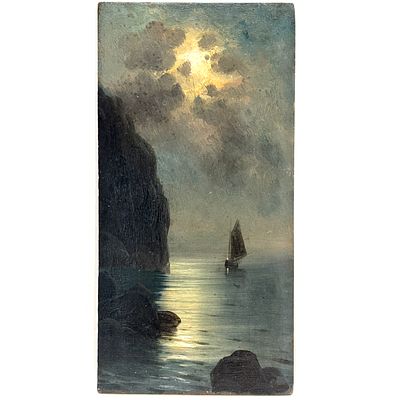 Старинная картина "Морской пейзаж", масло, деревянный щит. Российская Империя, подпись 