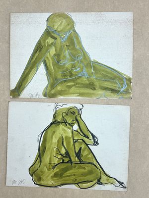 איוי פוליג - שני רישומי פחם וצבע מים על קרטון 1990 21X15 ס"מ