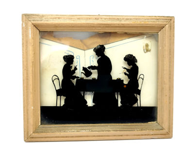 ציור צליליות אורפאי על גבי זכוכית. מידות כולל מסגרת 35/25 ס''מ