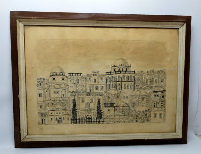איור ישן של העיר ירושלים העתיקה. מידות - , חתום