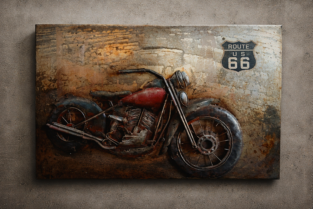 שלט פח תלת מימדי ענק. משולב חלקי חילוף של אופנוע מרותכים בדמות אופנוע. צבוע ביד, גדול ומרשים 