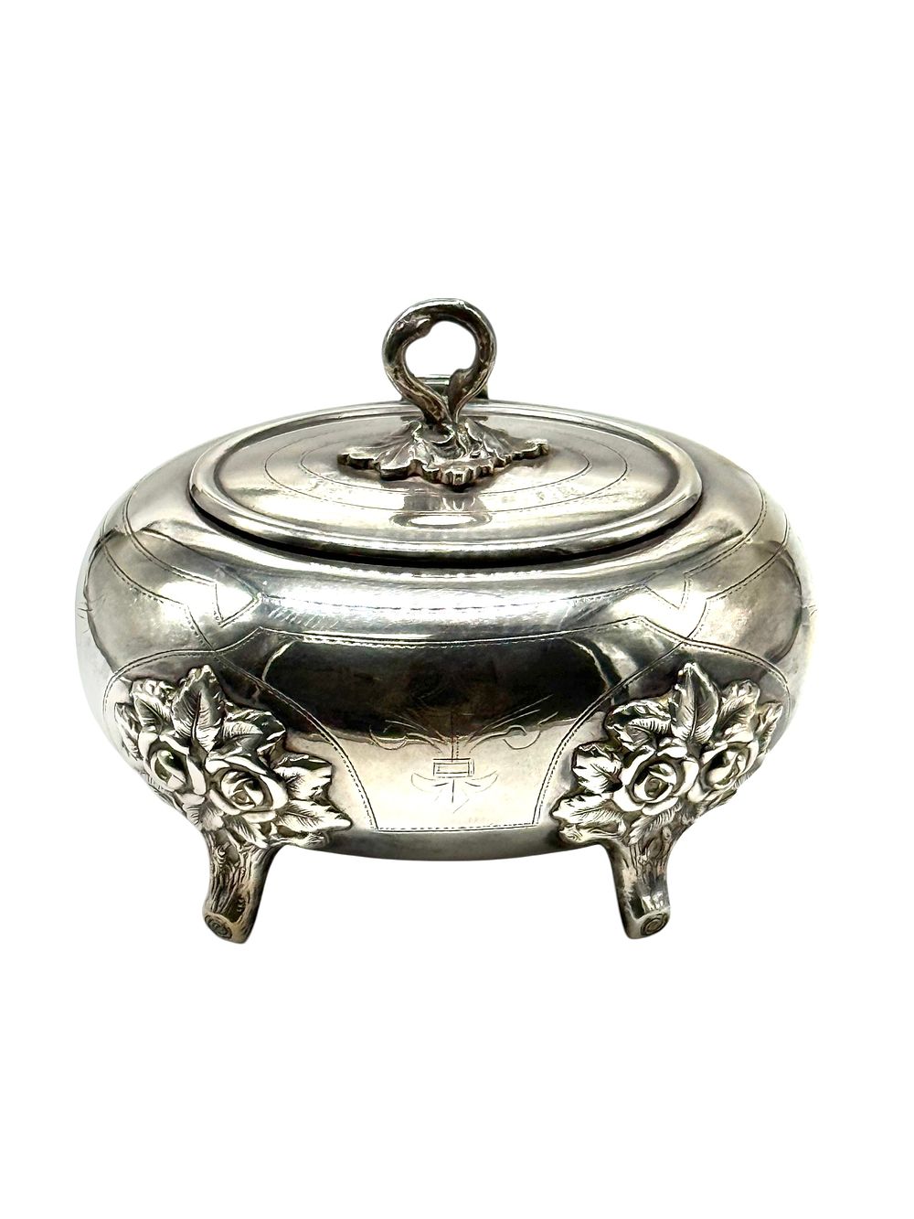 קופסה עתיקה לאתרוג תוצרת - B.Buch. קופסת אתרוג מעוצבת בעיטורי פרחים ועלים