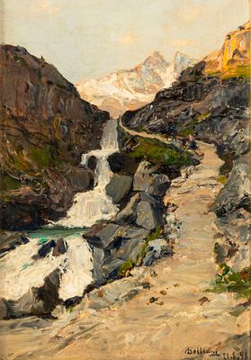 LORENZO DELLEANI (1840 - 1908) - Mulattiera a Ceresole Reale 1898 Oil on panel 44 x 31 cm Signed 