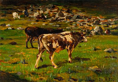 LORENZO DELLEANI (1840 - 1908) - Untitled (Mountain pasture) 1881 Oil on panel 31 x 44 cm Dated 