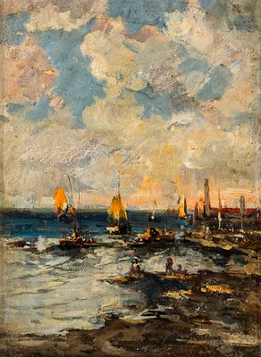POMPEO MARIANI (1857 - 1927) - Libecciata a Genova 1884 Oil on canvas 35,5 x 26 cm Initialled and 