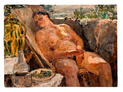 GIUSEPPE GRAZIOSI (1879 - 1942) - Untitled (Lying nude) Oil on panel 74 x 98 cm Initialled lower 