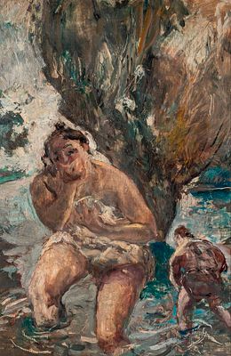 GIUSEPPE GRAZIOSI (1879 - 1942) - Nel torrente 1920s Oil on panel 78 x 51 cm Signed and titled on 