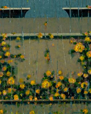 FRANCO SARNARI (1933 - 2022) - Il giorno, la pioggia e le rose gialle 1995 Oil on canvas 50 x 40 