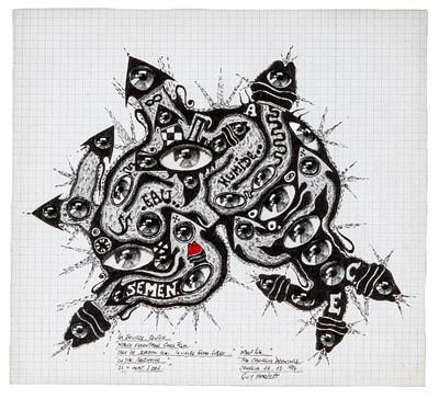 GUY HARLOFF (1933 - 1991) - About life... 1974 Collage and inks on squared paper 25,8 x 28,5 cm 