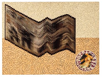 JIRI KOLAR (1914 - 2002) - Cern&yacute; zlat&yacute; D&eacute;st 1981 Collage on wood 30 x 40 cm Initialled and dated 