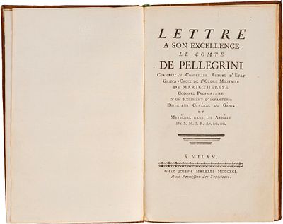 Lettre &agrave; son excellence le comte De Pellegrini, Chambellan Conseiller Colonel proprietaire d'un regiment d'infanterie, Directeur Generale du Genie