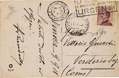 Luigi Pirandello - Cartolina postale autografa indirizzata al grande compositore Vittorio Gnecchi - 