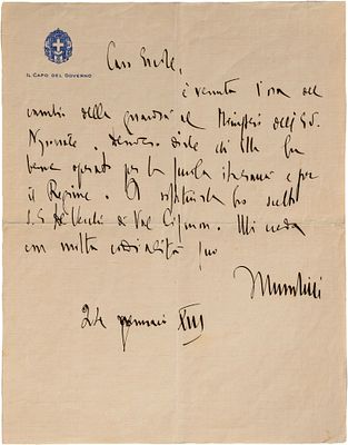 Benito Mussolini - Lettera autografa con firma di pugno - Benito Mussolini - Lettera autografa con 