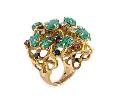 Masenza, anello in oro, smeraldi, zaffiri, rubini e diamanti, 1960 ca - Masenza, anello in oro 