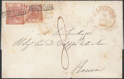 Antichi Stati Italiani - Napoli - Lettera affrancata con 2 grana carminio I tavola + 5 grana carminio scuro II tavola (5e + 9b)
