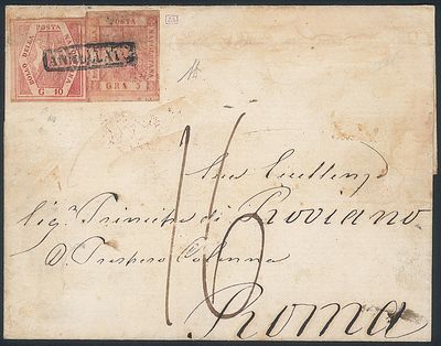 Antichi Stati Italiani - Napoli - Lettera affrancata con 5 grana rosa carminio II tavola + un falso per posta del 10 grana carminio III tipo (9 + F5 cat.20000)