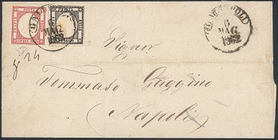 Antichi Stati Italiani - Province Napoletane - Lettera con affrancatura bicolore composta da 1 grano nero + 5 grana rosa (19 + 21e cat.1800)