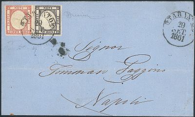 Antichi Stati Italiani - Napoli - Lettera con affrancatura bicolore composta da 1 grano nero + 5 grana rosa (19 + 21e cat.1800)