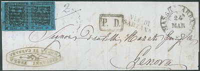 Antichi Stati Italiani - Modena - Coppia bordo foglio (posiz. 1/2) del 40 cent azzurro scuro (10) - 