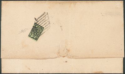 Antichi Stati Italiani - Stato pontificio - Lettera affrancata al verso con 2 baj verde giallastro frazionato (3a)