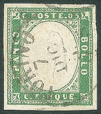 Antichi Stati Italiani - Sardegna - 1855 - 5 cent (13c - verde pisello) - Antichi Stati Italiani - 