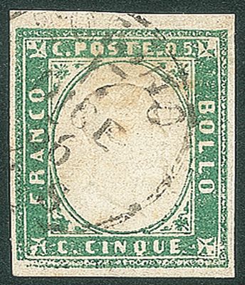 Antichi Stati Italiani - Sardegna - 1855 - 5 cent (13d - verde smeraldo) - Antichi Stati Italiani 