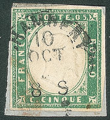Antichi Stati Italiani - Sardegna - 1855 - 5 cent (13d - verde smeraldo) - Antichi Stati Italiani 