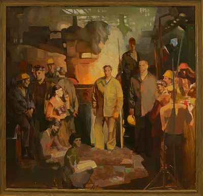 н/х "Собрание в цеху"
холст на картоне, масло. Работа без подписи автора.