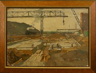 Батов М.И. " На закладке фундамента Щекинский химкомбинат " 1961г.
картон, масло. Батов Михаил 