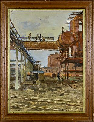 без подписи "Стройка. Щекинский химкомбинат (монтаж красных труб)" этюд
картон, масло
. Экспертиз 