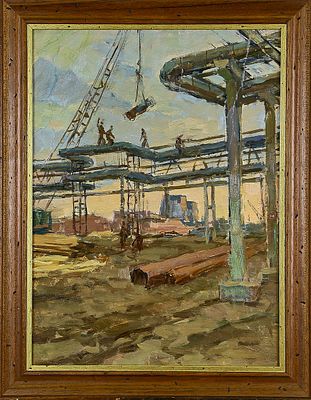 без подписи "Стройка. Щекинский химкомбинат (монтаж трубопровода)" этюд
картон, масло. Экспертиза 