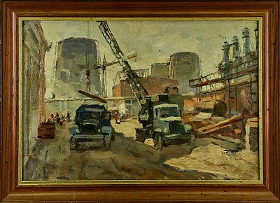 без подписи "Стройка. Щекинский химкомбинат (автокран выгрузка)" этюд 
этюдный холст на картоне 